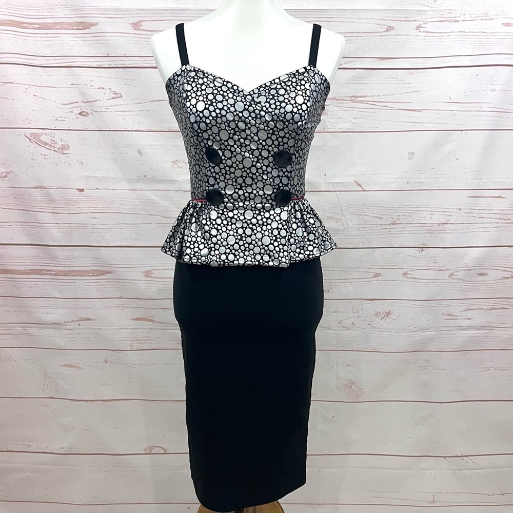 Tatyana Vintage Retro Metallic Silver Polka Dot Pinup Girl Peplum Wiggle Dress